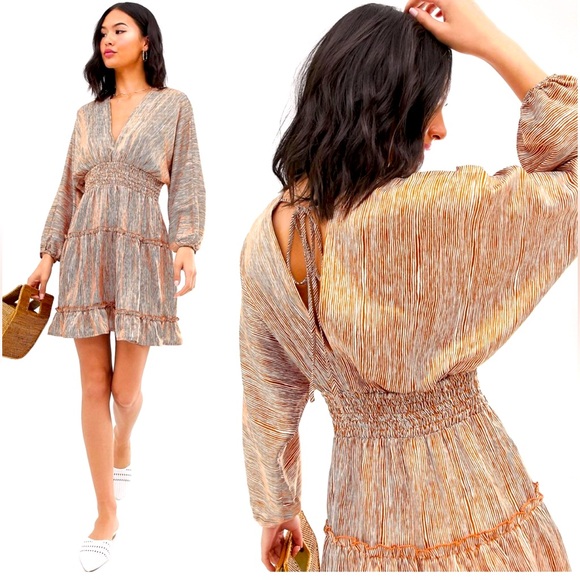 MOON RIVER Brown Tan Beige Striped Satin Balloon Dolman Sleeve Mini Dress Medium - Picture 2 of 8